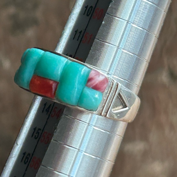 Native American Turquoise and Coral Mosaic Ring - Picture 2 of 6